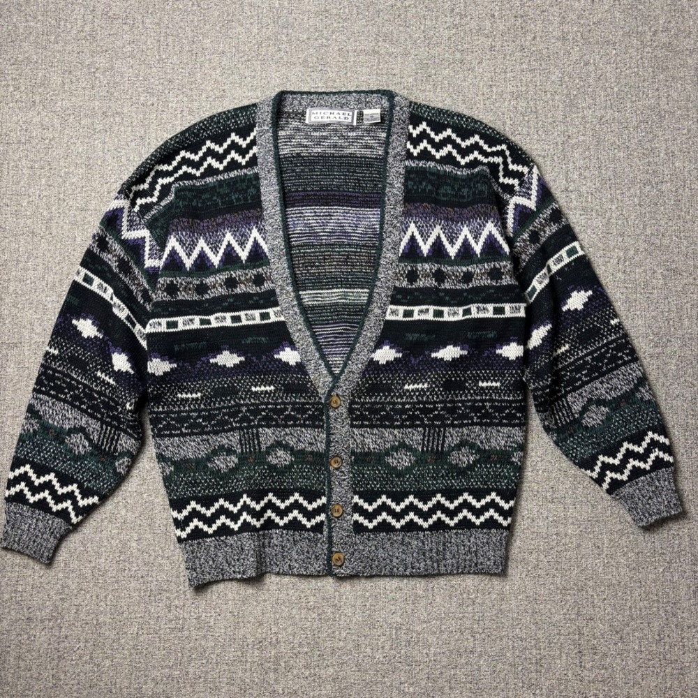 Michael Gerald Cardigan Mens M Vintage Fair Isle Geometric Nordic Sweater